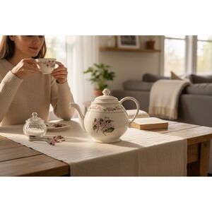 Martha Stewart Floral Ceramic Teapot White Cottagecore Farmhouse English Cottage